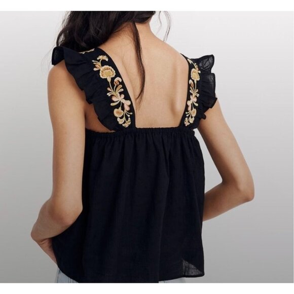 Madewell Swing Blouse Elasticized Square Neck Floral Embroidered Ruffle Straps 2 - Picture 2 of 9